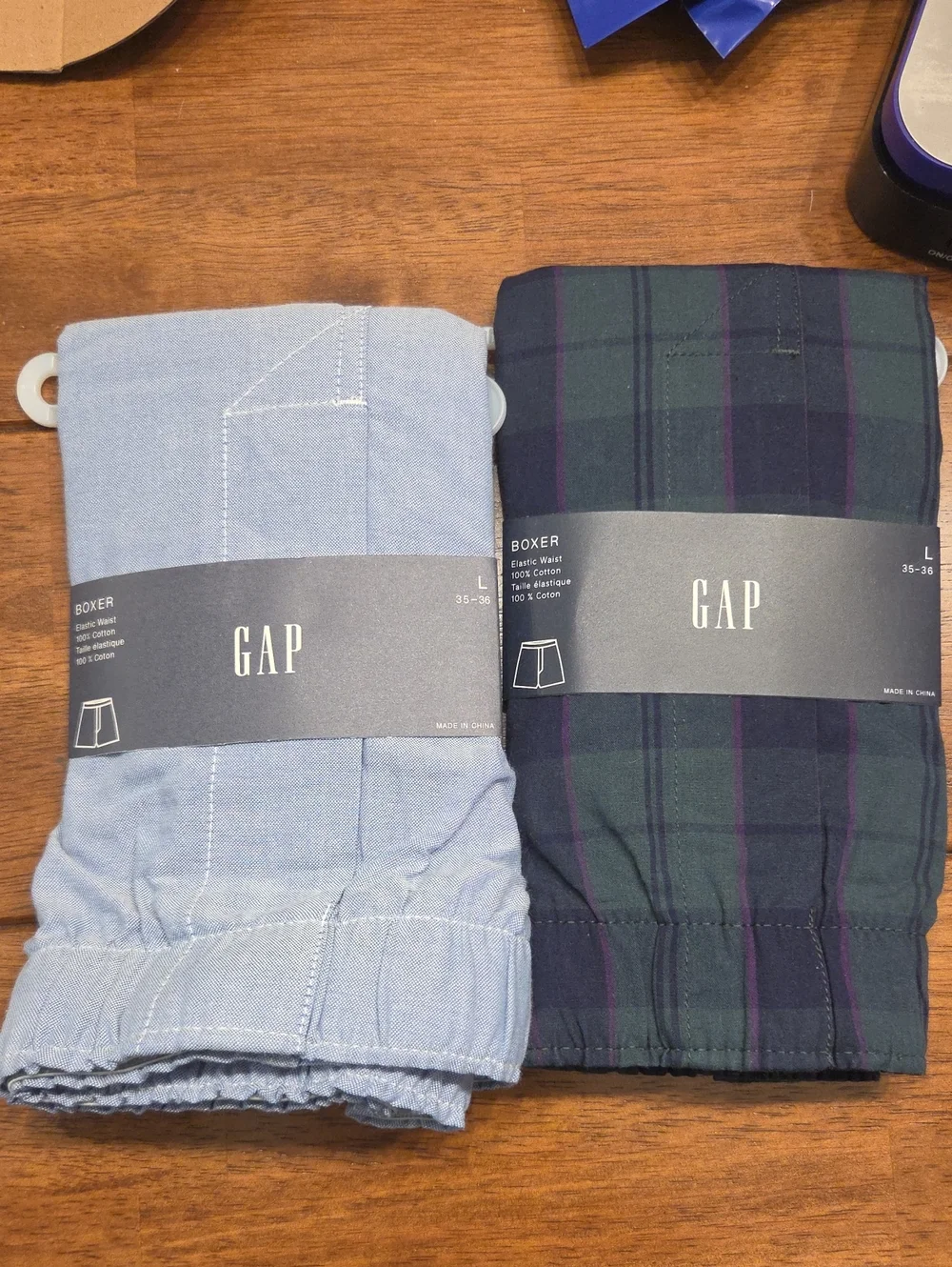 GAP Men's Light Blue Solid & Dark Green Navy Plaid Boxer Shorts - 2 Pack